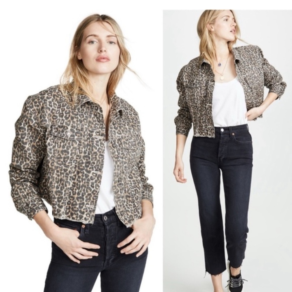Free People Cropped Cheetah Print Denim Jacket Size Medium